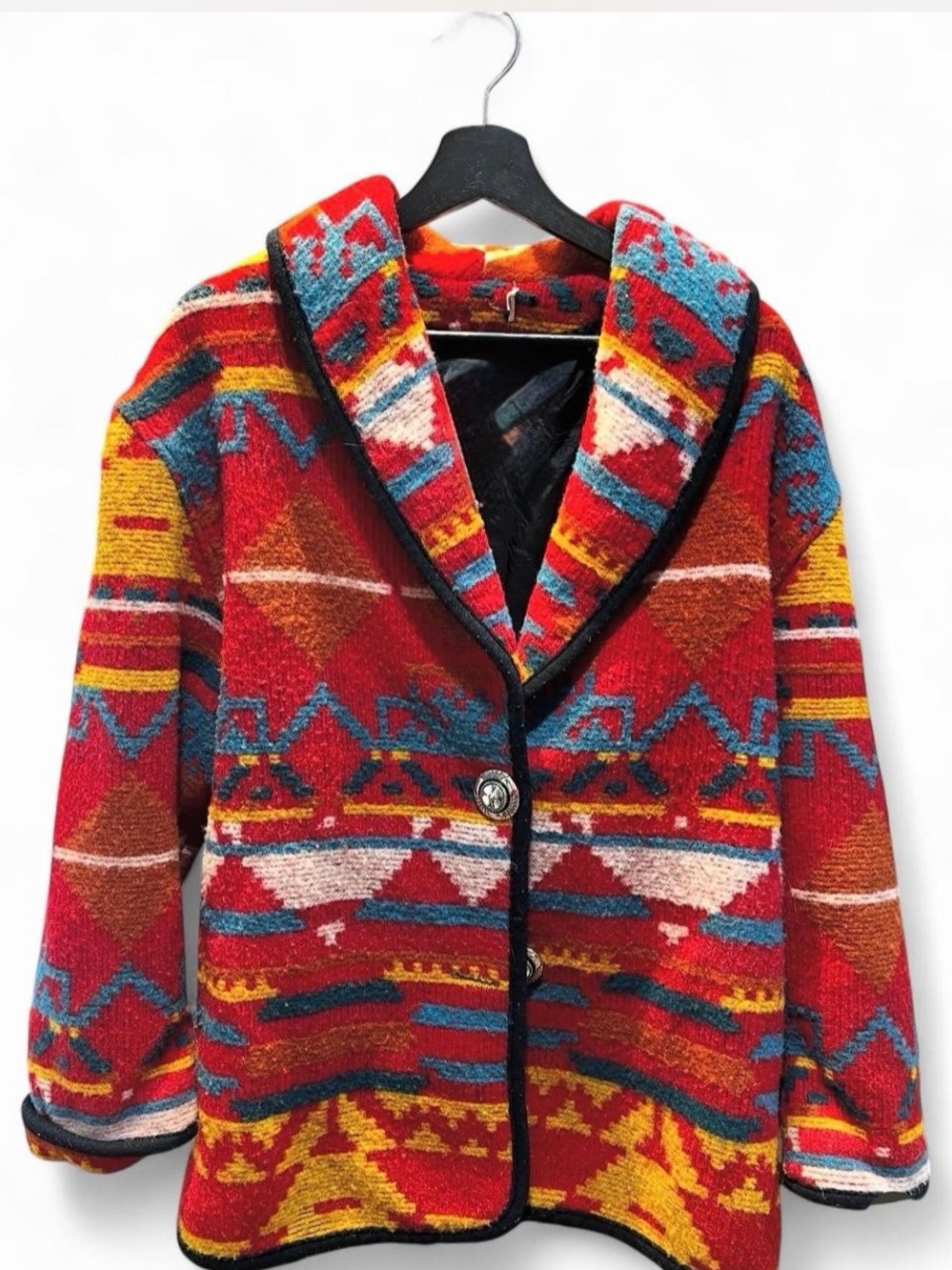 Red Multi-Color Aztec Patterned Shawl Collar Jacket- m/l